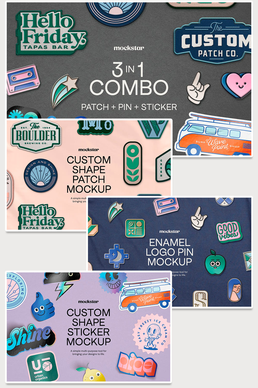An image pack of gorgeous patch pin sticker mockup.