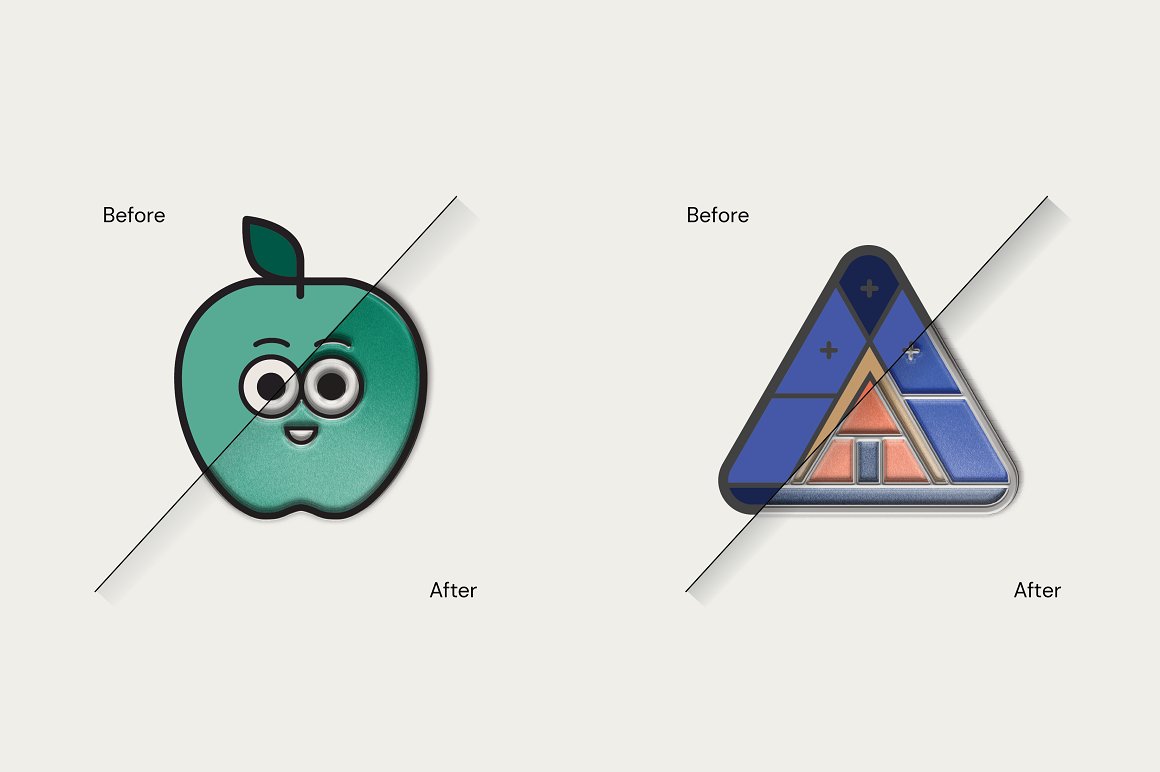Images of charming pins in the form of an apple and a pyramid.