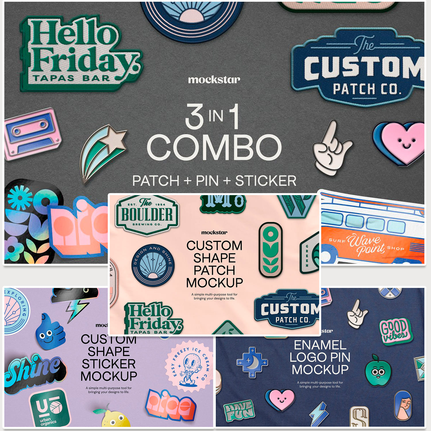 Set of images of adorable patch pin sticker mockups.