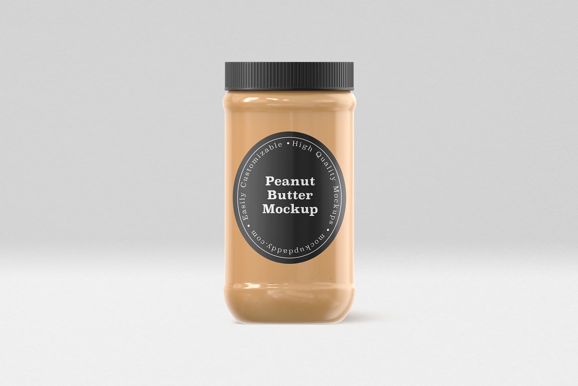 A Gold Glass Jar with a Peanut Butter, black label and black lid.