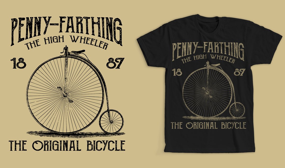 The black T-shirt with a image bicycle and the lettering "Penny-Farthing the high wheeler the original bicycle" and same image with the lettering on a beige background.