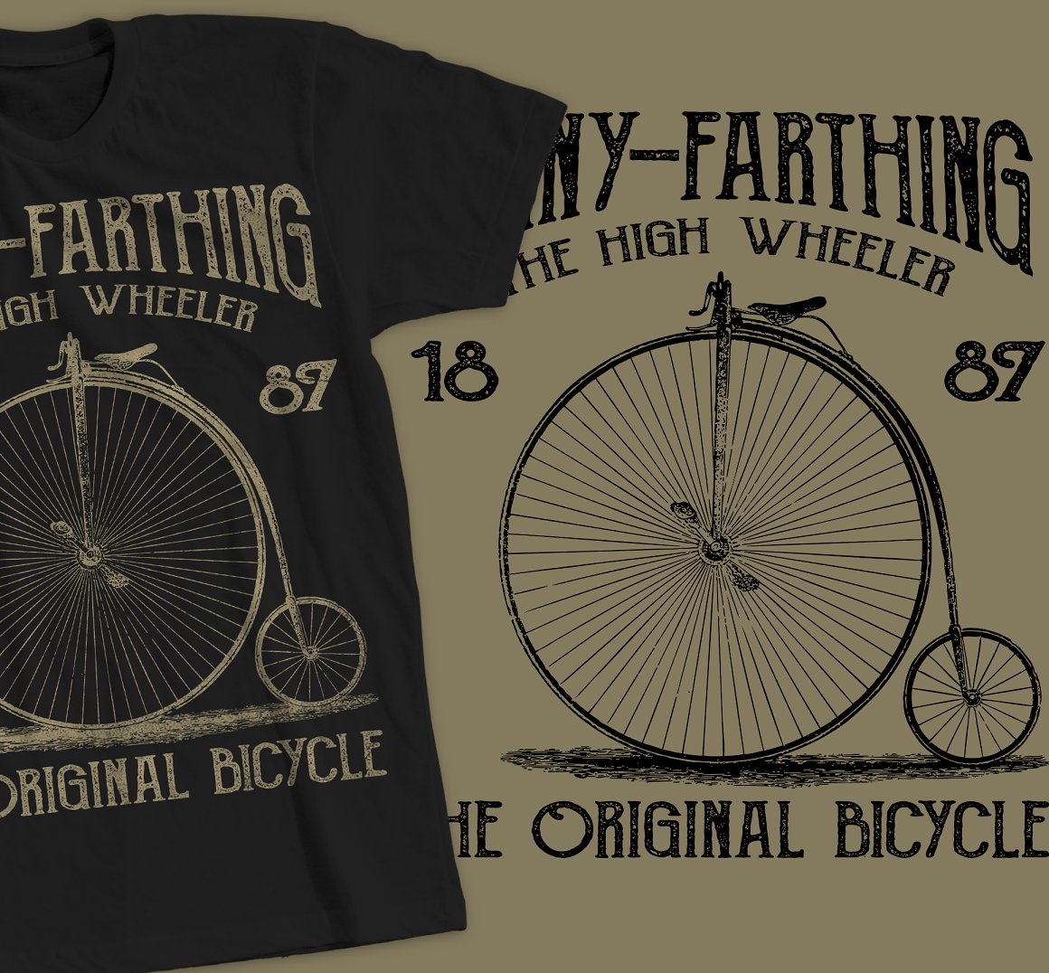 The black T-shirt with a image bicycle and the lettering "Penny-Farthing the high wheeler the original bicycle" Cover.