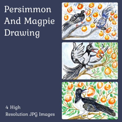 Persimmon and magpie drawing - main image preview.