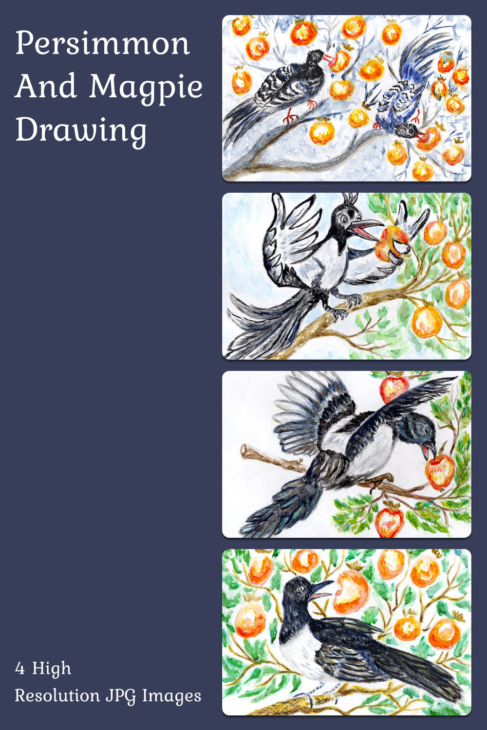 Persimmon and magpie drawing - pinterest image preview.