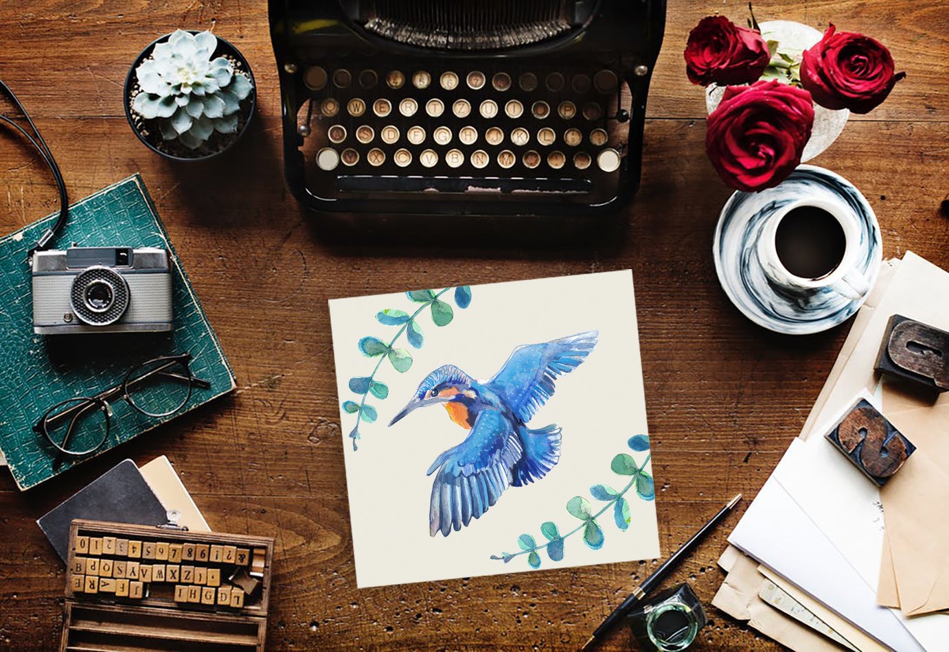 Watercolor blue bird on a paper.
