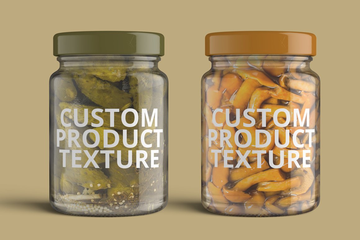 2 glass jars in which chanterelles and cucumbers, with the lettering "Custom product texture" and olive and pale orange lids.