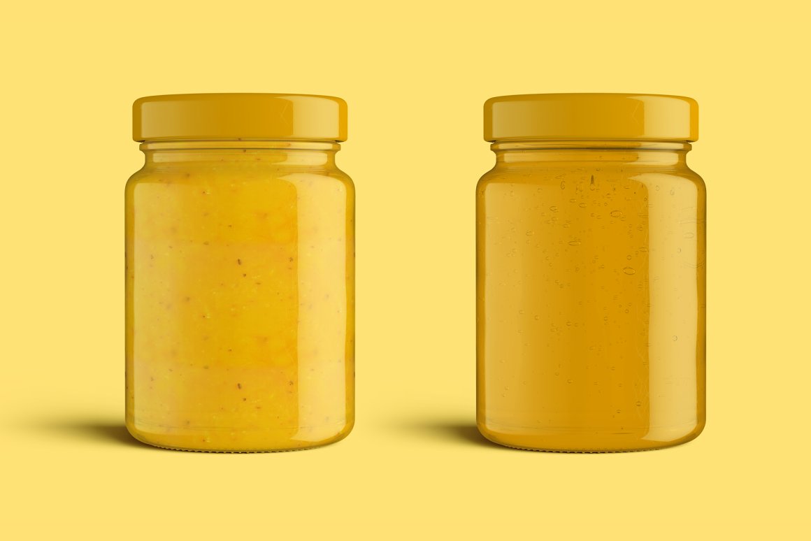 2 glass jars of honey with a yellow lid on a yellow background.