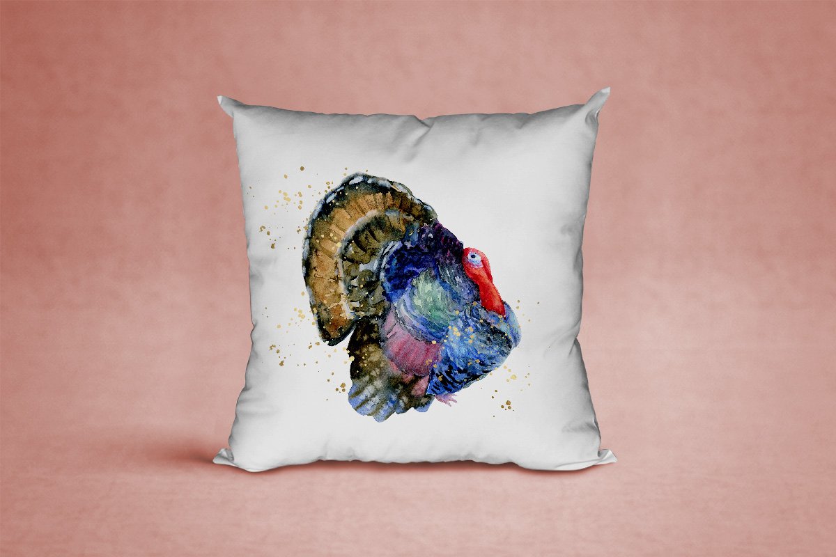 Decorative white pillow with a colorful turkey.