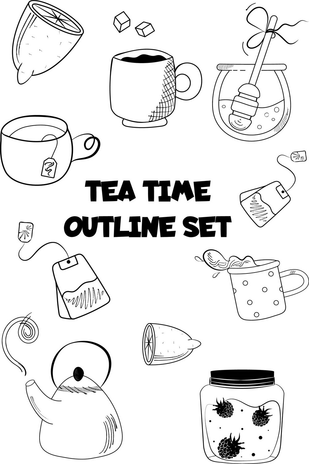 Tea Time Outline Doodle Set pinterest image.