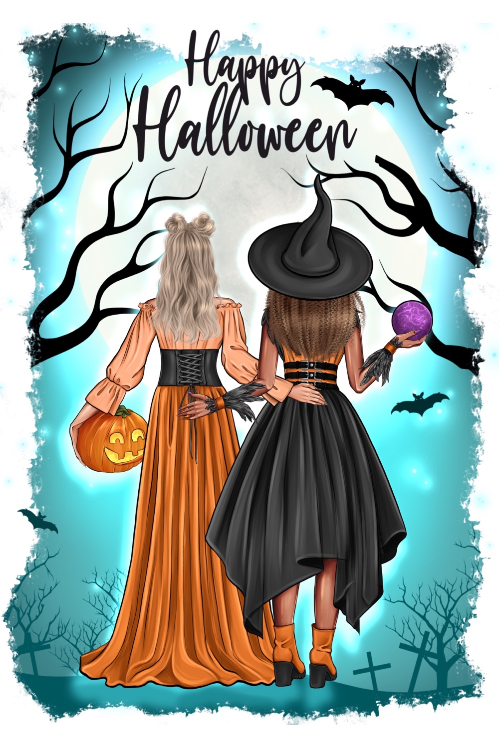 Drawn witch girls from back with pumpkin and magic ball.