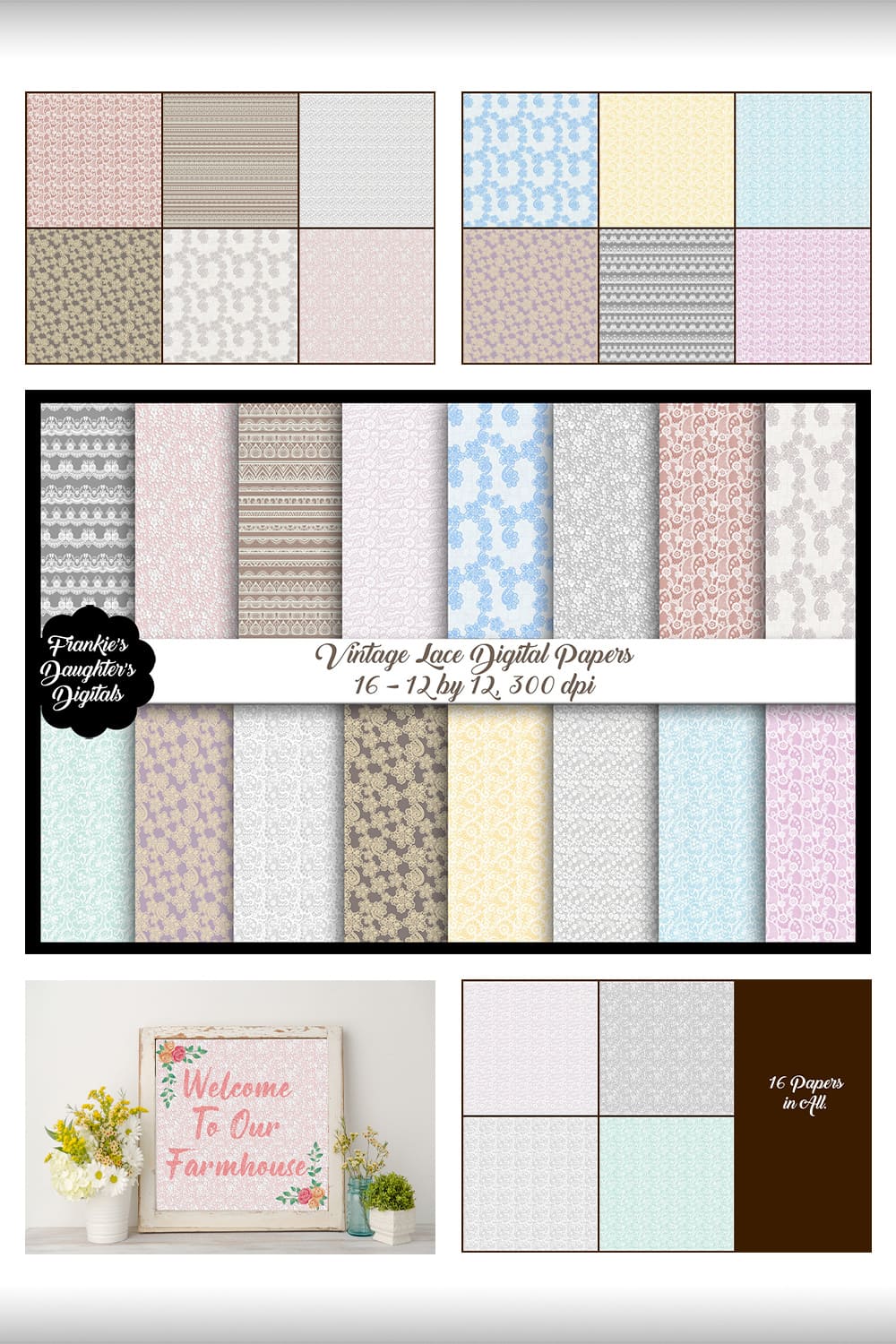 Vintage Lace Digital Papers, Shabby Chic Backgrounds.