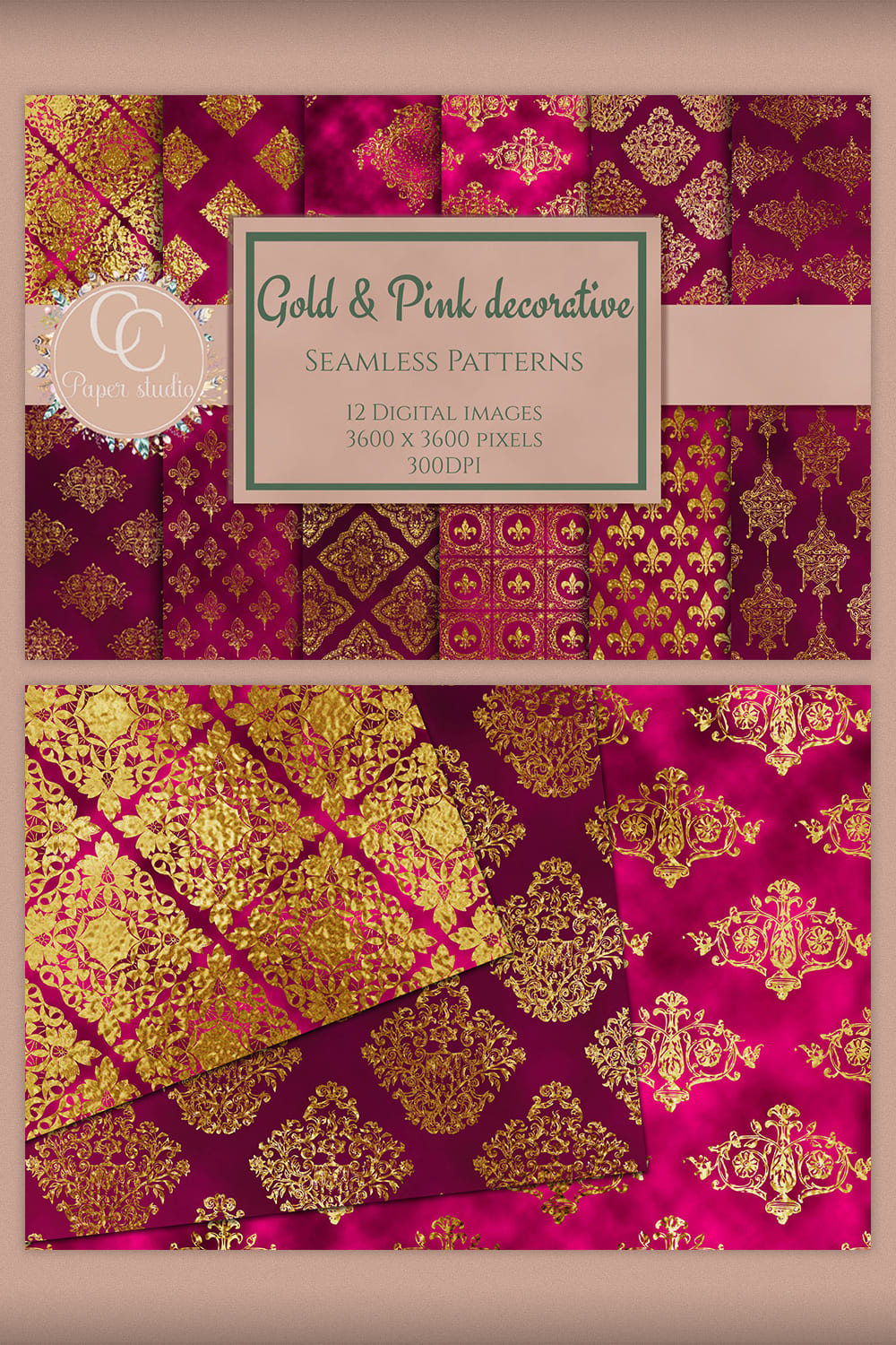 Digital paper - Pink & Gold Damask - Pinterest.