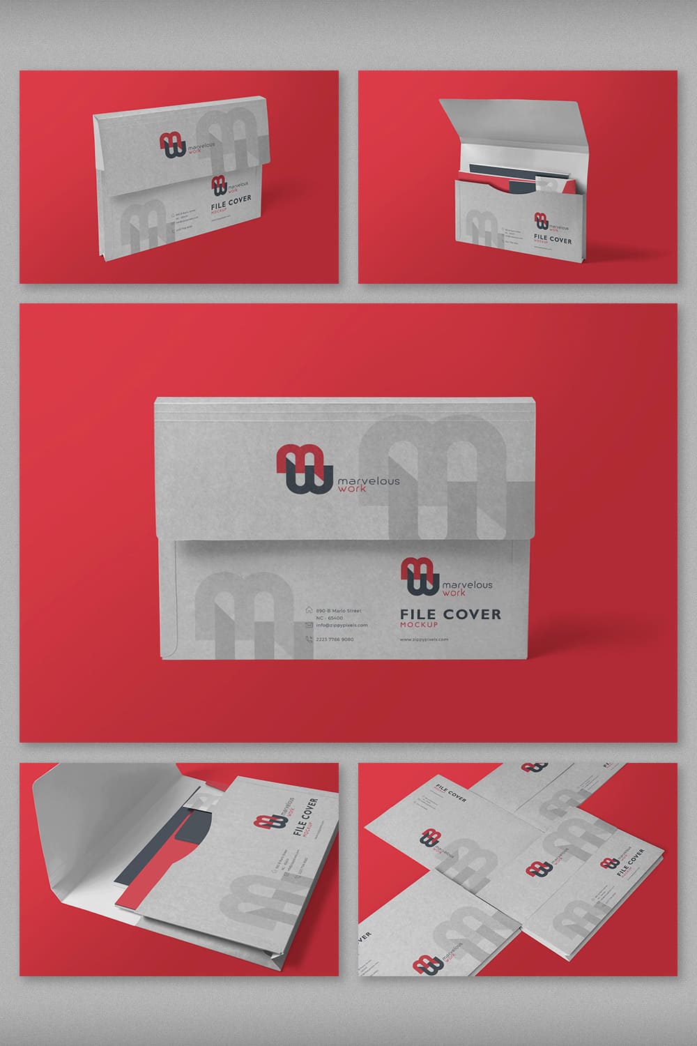 A selection of images of flap folder with a colorful exquisite design on a red background.