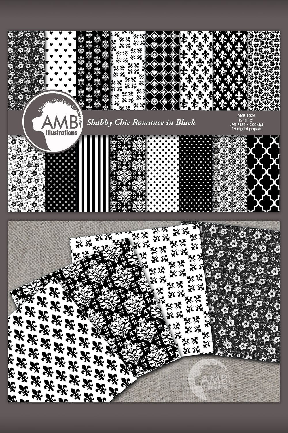 Shabby Chic Black Lace Papers AMB-1026.