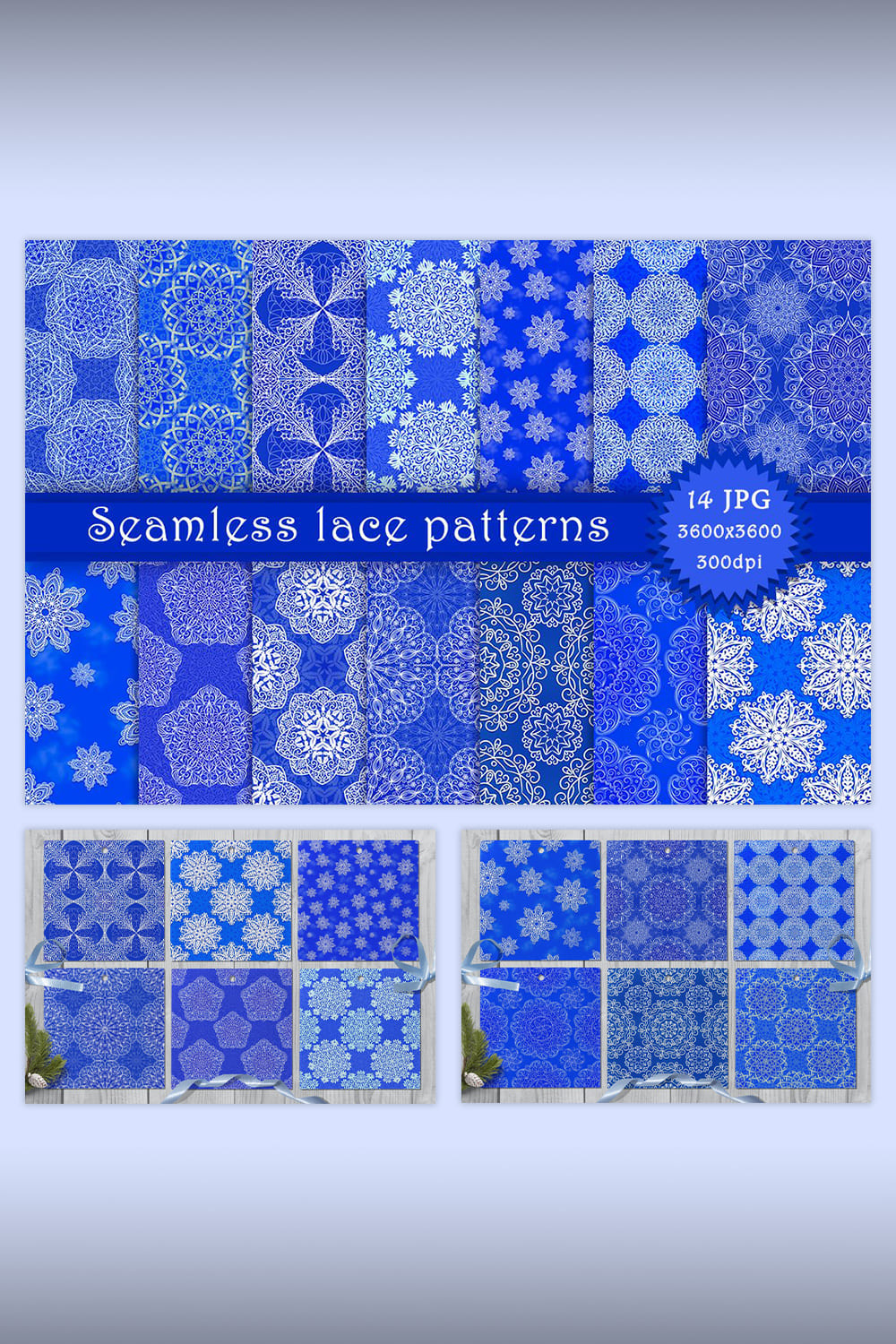 Cover with different white and blue seamless patterns and white title "Seamless Lace Patterns".