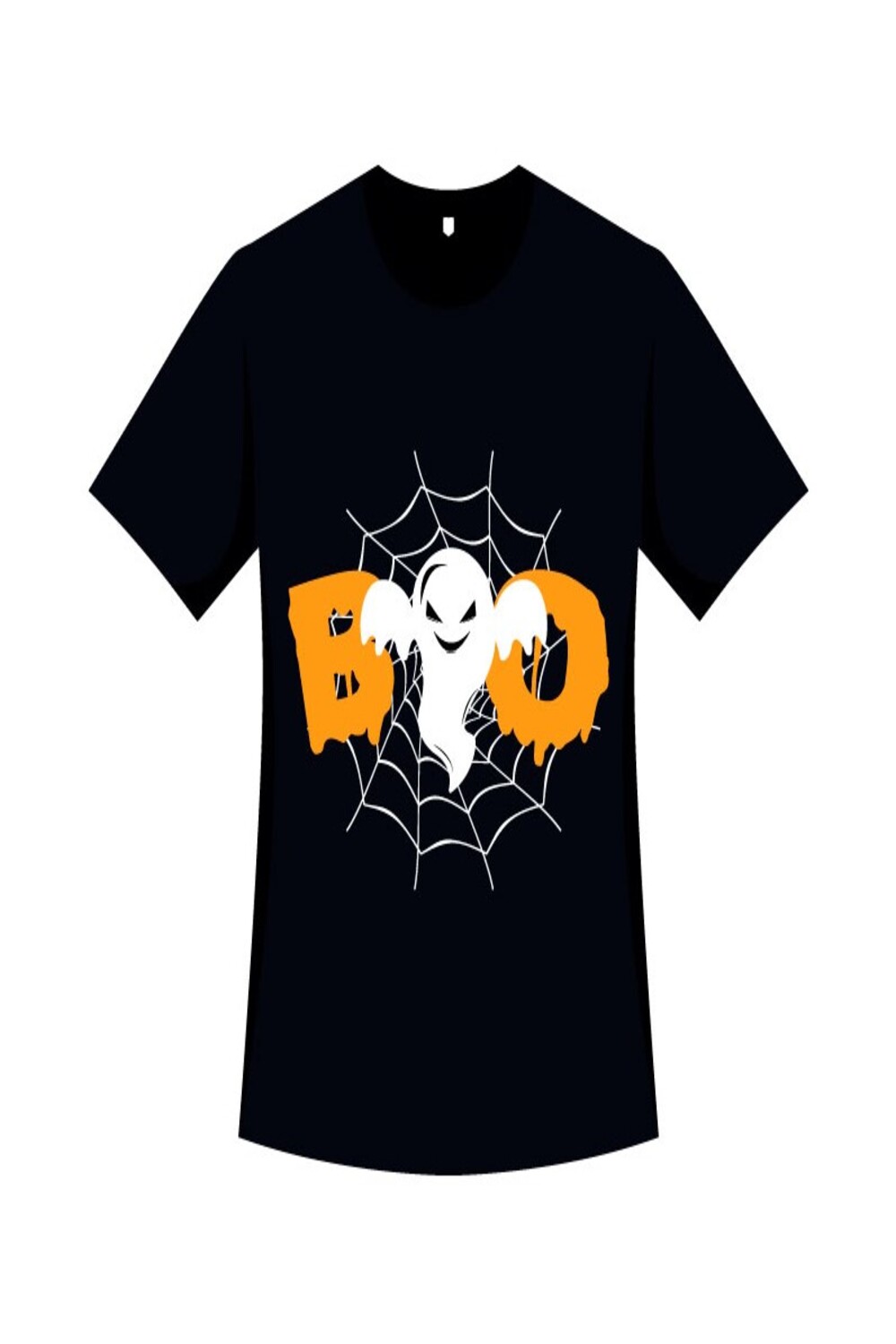 Black t-shirt with a cheerful white ghost on the background of a cobweb.