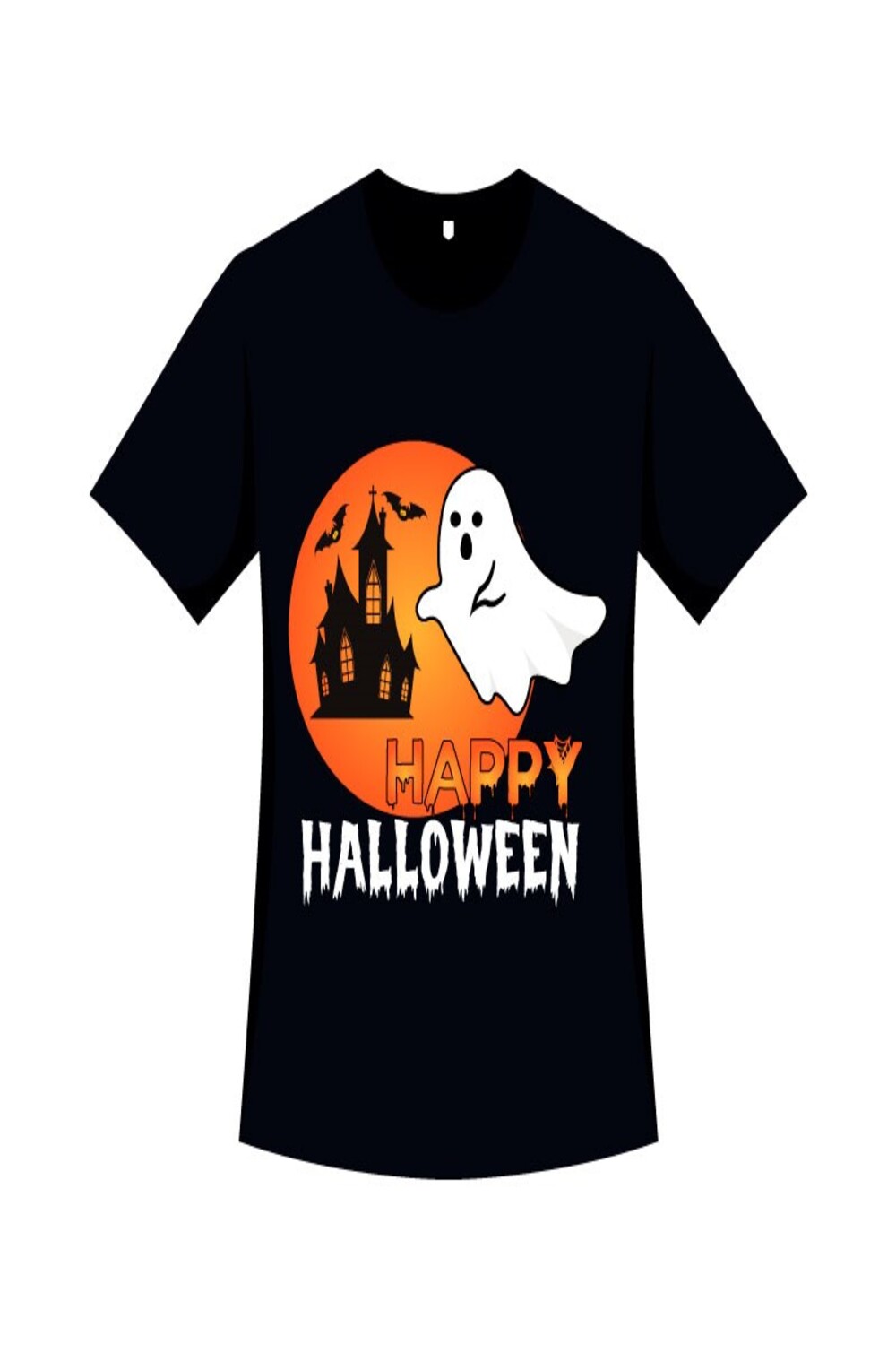 Black t-shirt with a ghost and an old house in an orange circle.