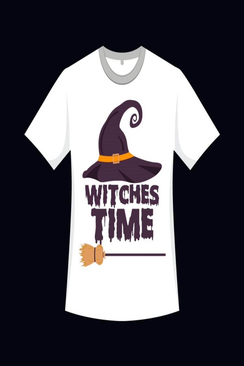 White t-shirt with witch hat and broom.