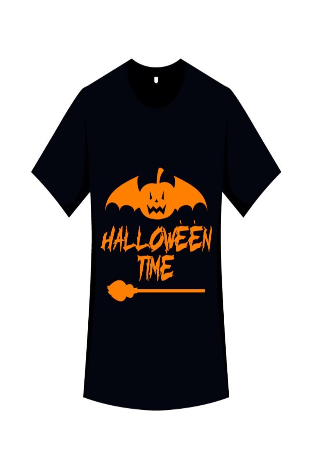 Black t-shirt with orange pumpkin with bat wings.