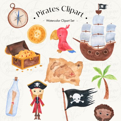 Pirates Watercolor Clipart Set.