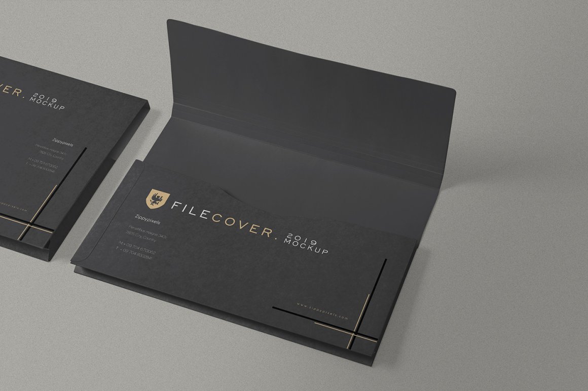 Images of black pocket folder with exquisite design.