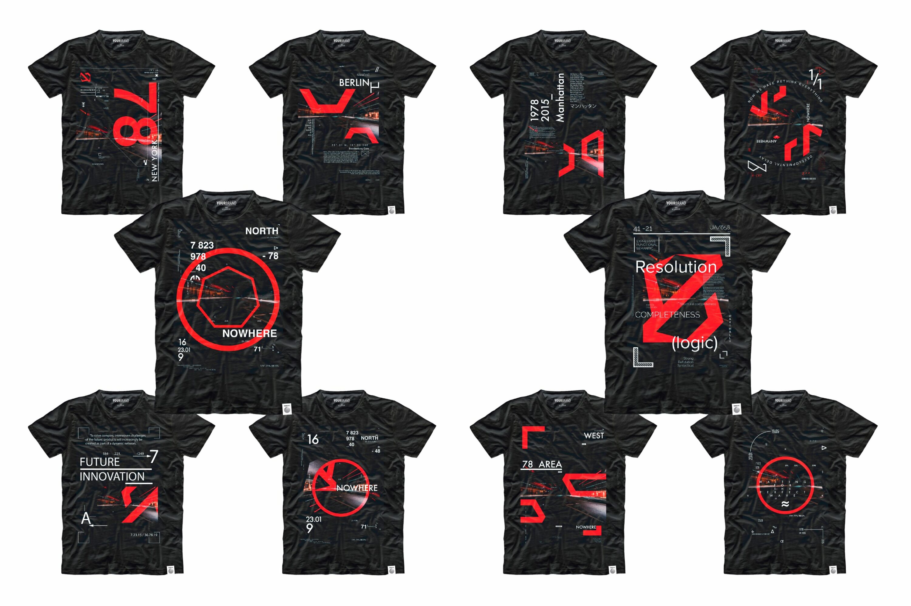 Black t-shirts with red illustrations.