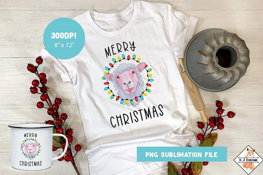 White T-shirt with a gorgeous print of a beautiful sheep with lights.
