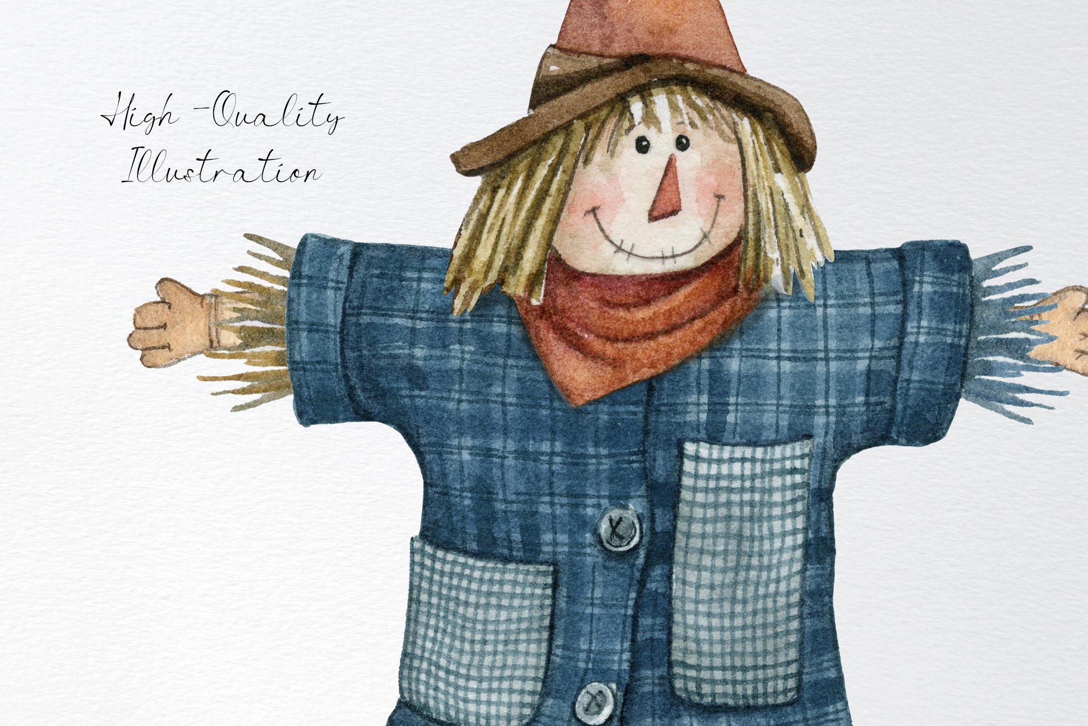 Watercolor scarecrow in a blue coat.