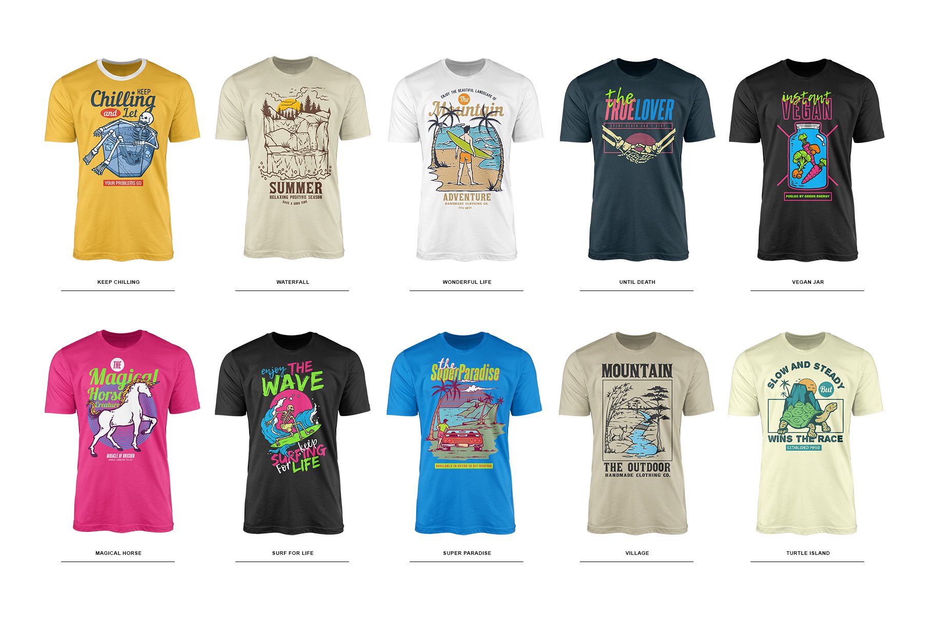 T-shirts collection in different colors.