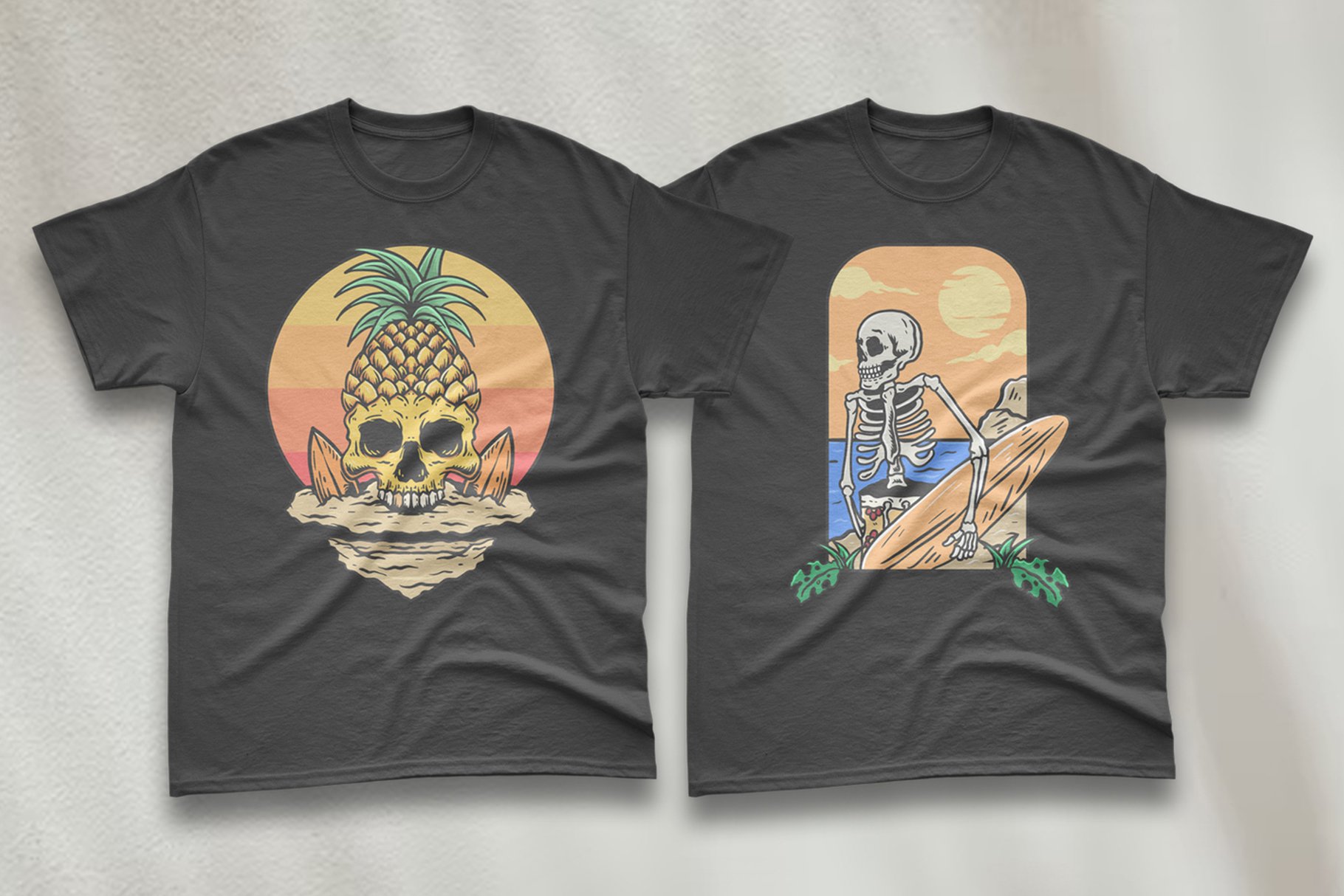 Two black t-shirts with colorful illustrations.