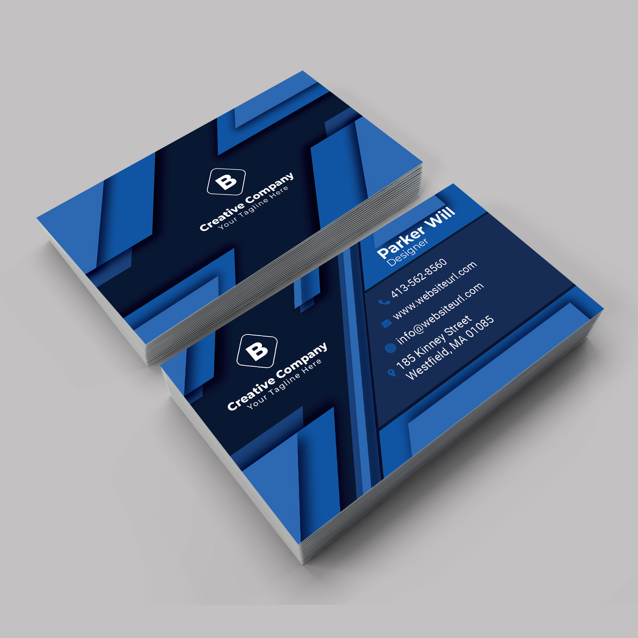 4 Corporate Business Cards Bundle, cards with blue design.