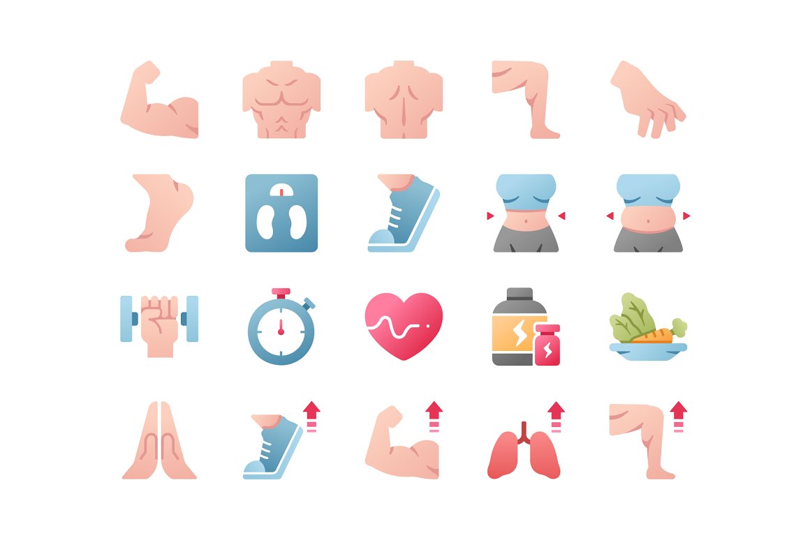 Set of colored icons with a fitness theme.