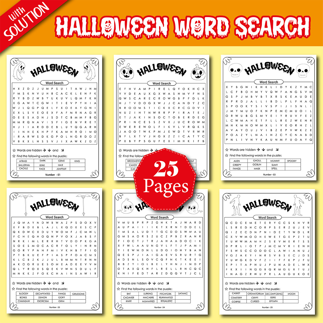 25 Pages Halloween Word Search Puzzle Activity Book cover image.