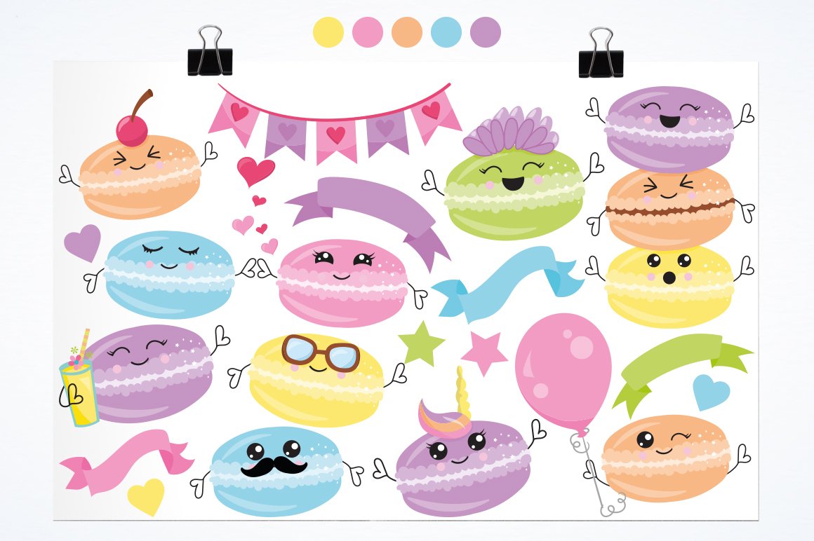 Colorful and funny macaroons in a kawaii style.