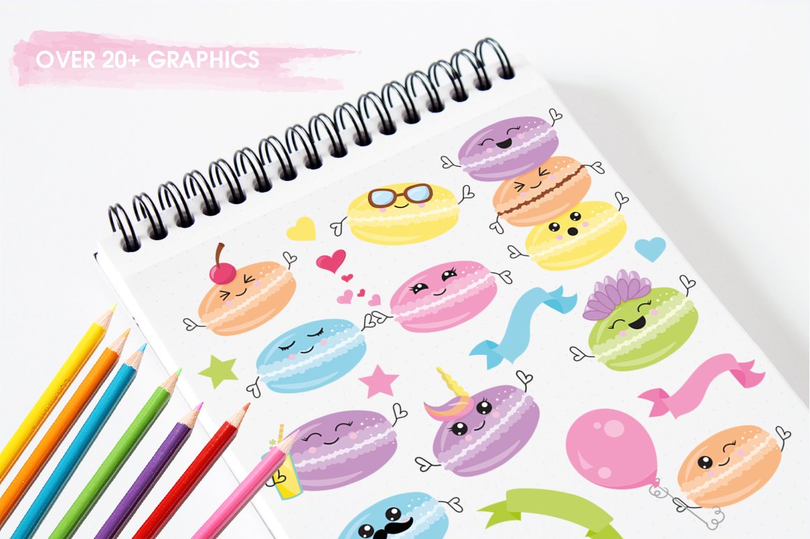 Notebook with colorful macaroons.