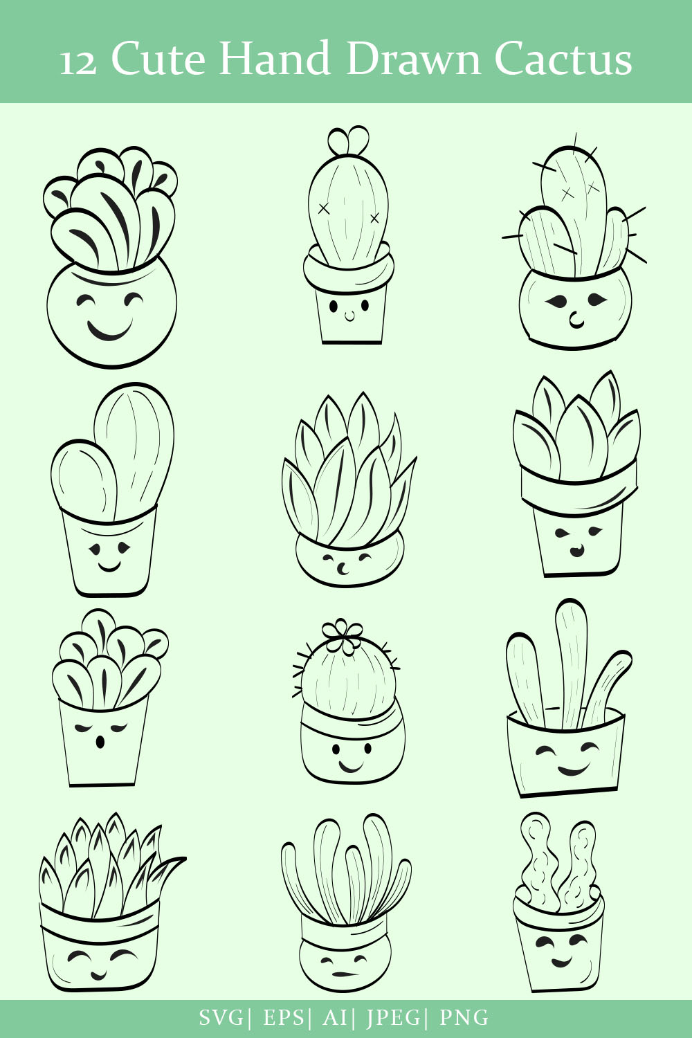 12 Cute Hand Drawn Cactus - Only $10 pinterest image.