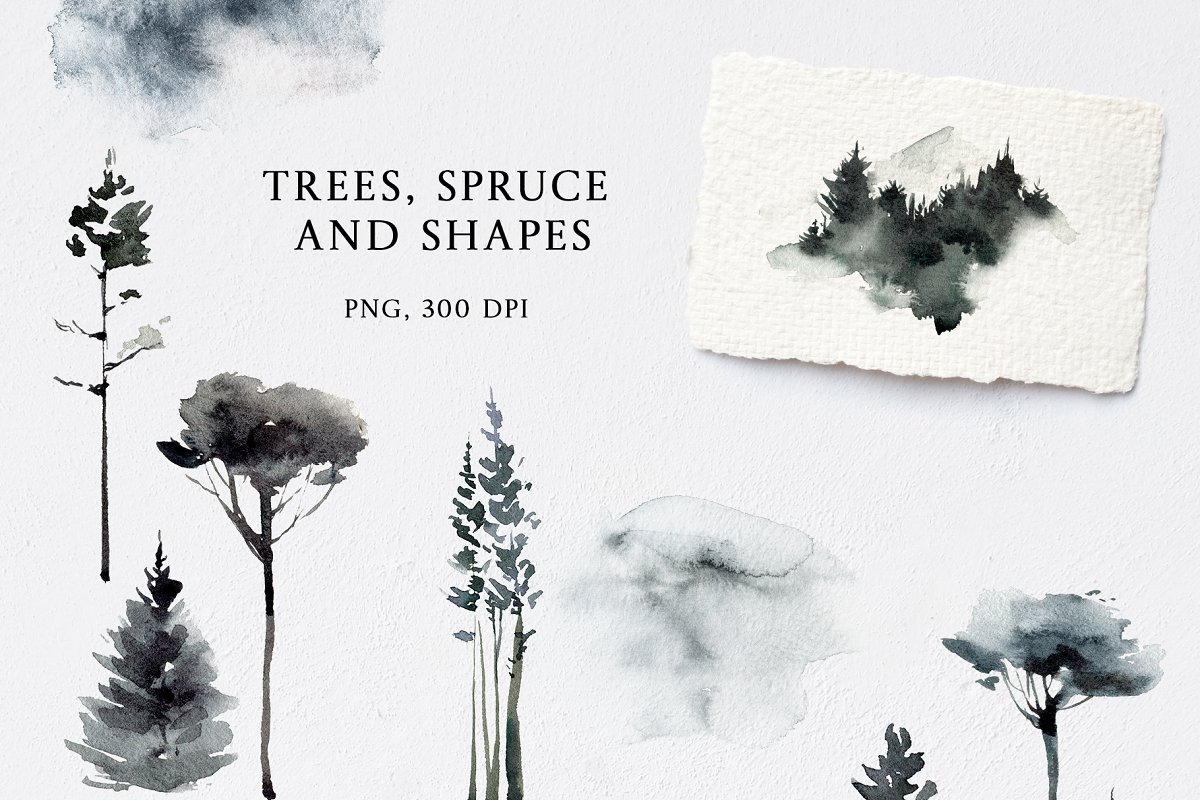 Watercolor trees, spruce and shapes.