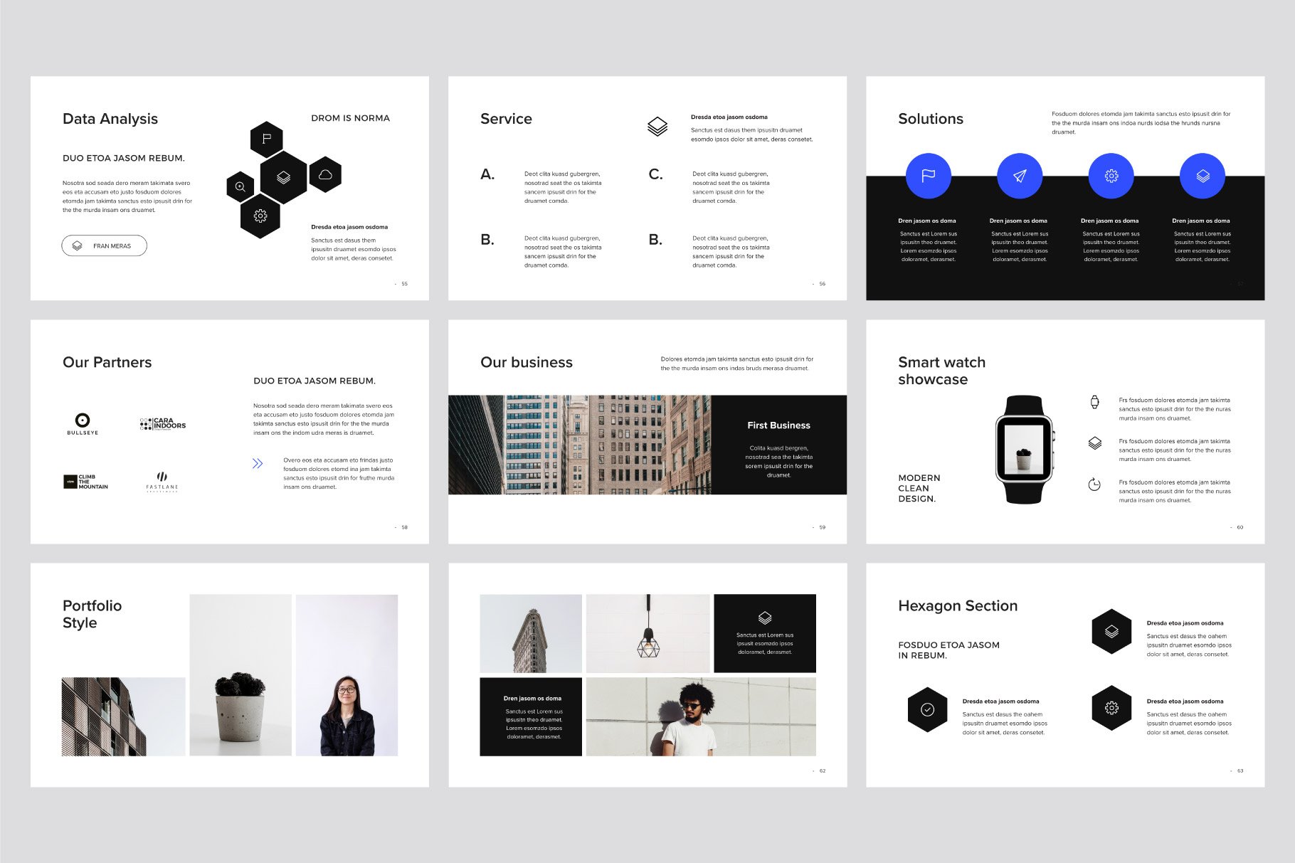 Black and white template with blue elements.