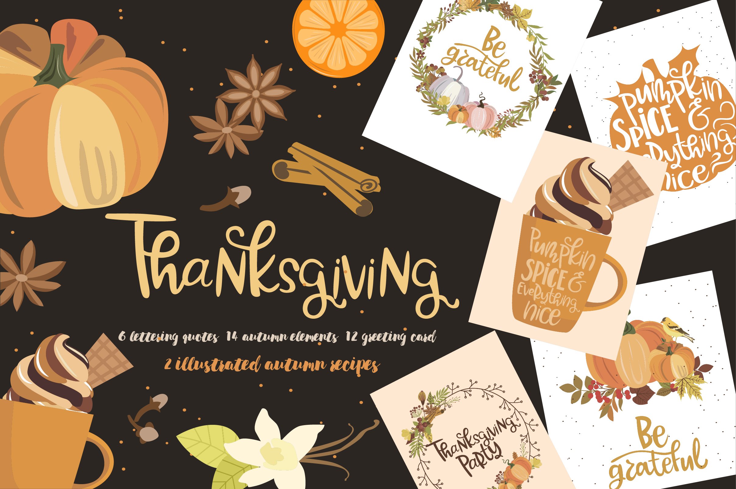Brown background with Thanksgiving illustrations.