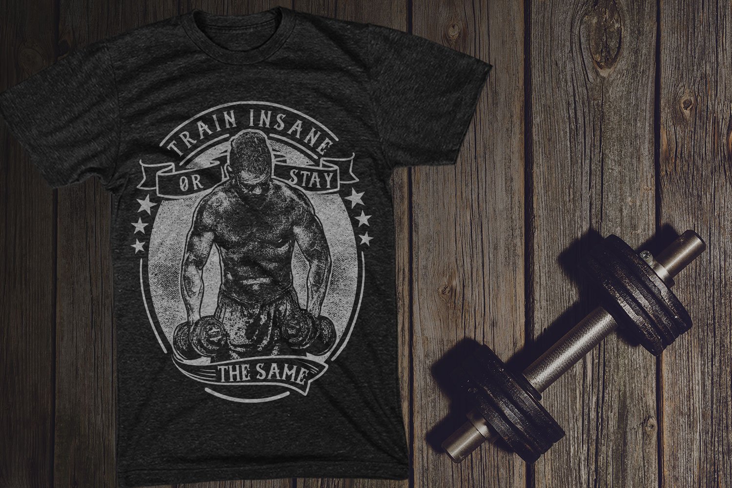 Black t-shirt with a gym illustration.