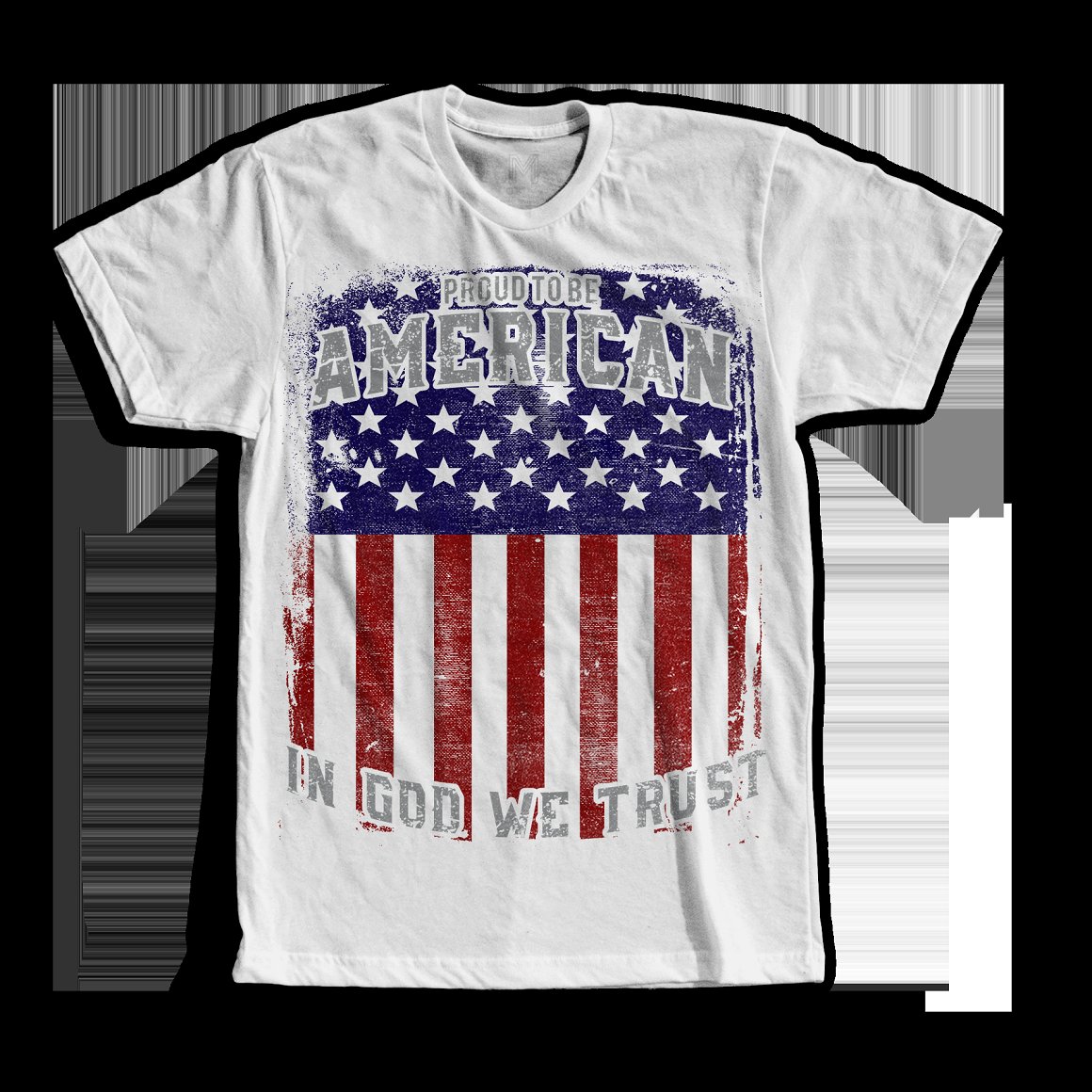 White T-shirt with colorful American flag print.