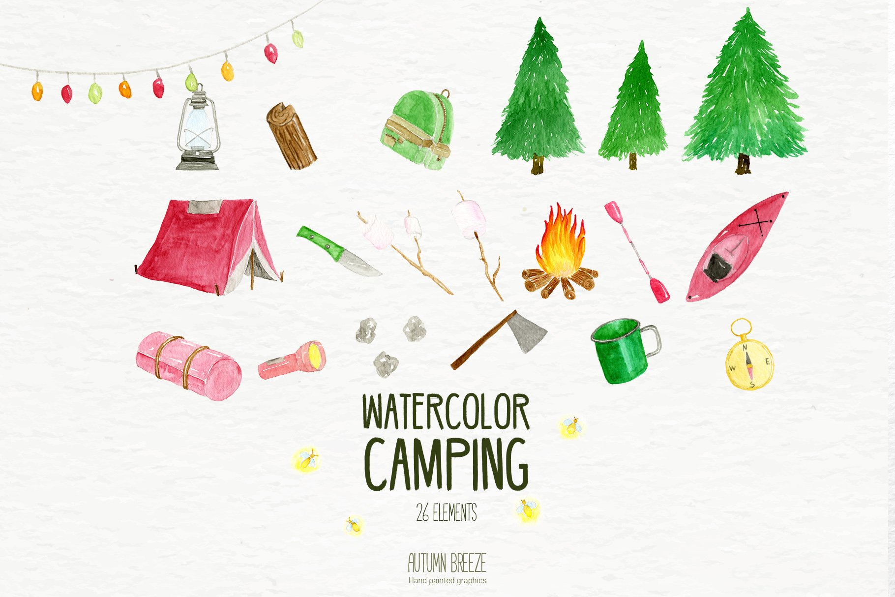 Watercolor colorful elements for camping illustration.