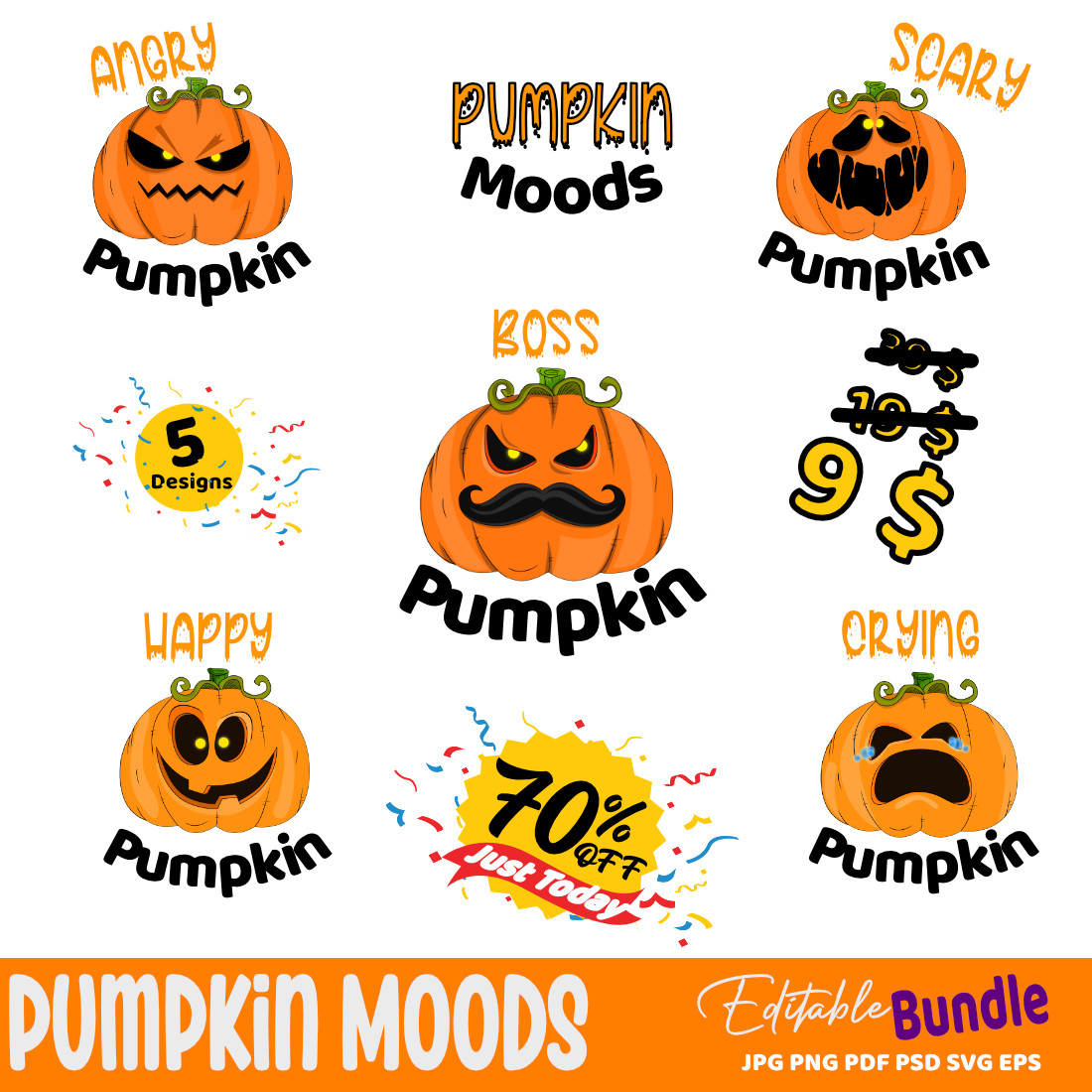 Halloween Pumpkin Moods Bundle – 5 Designs preview image.