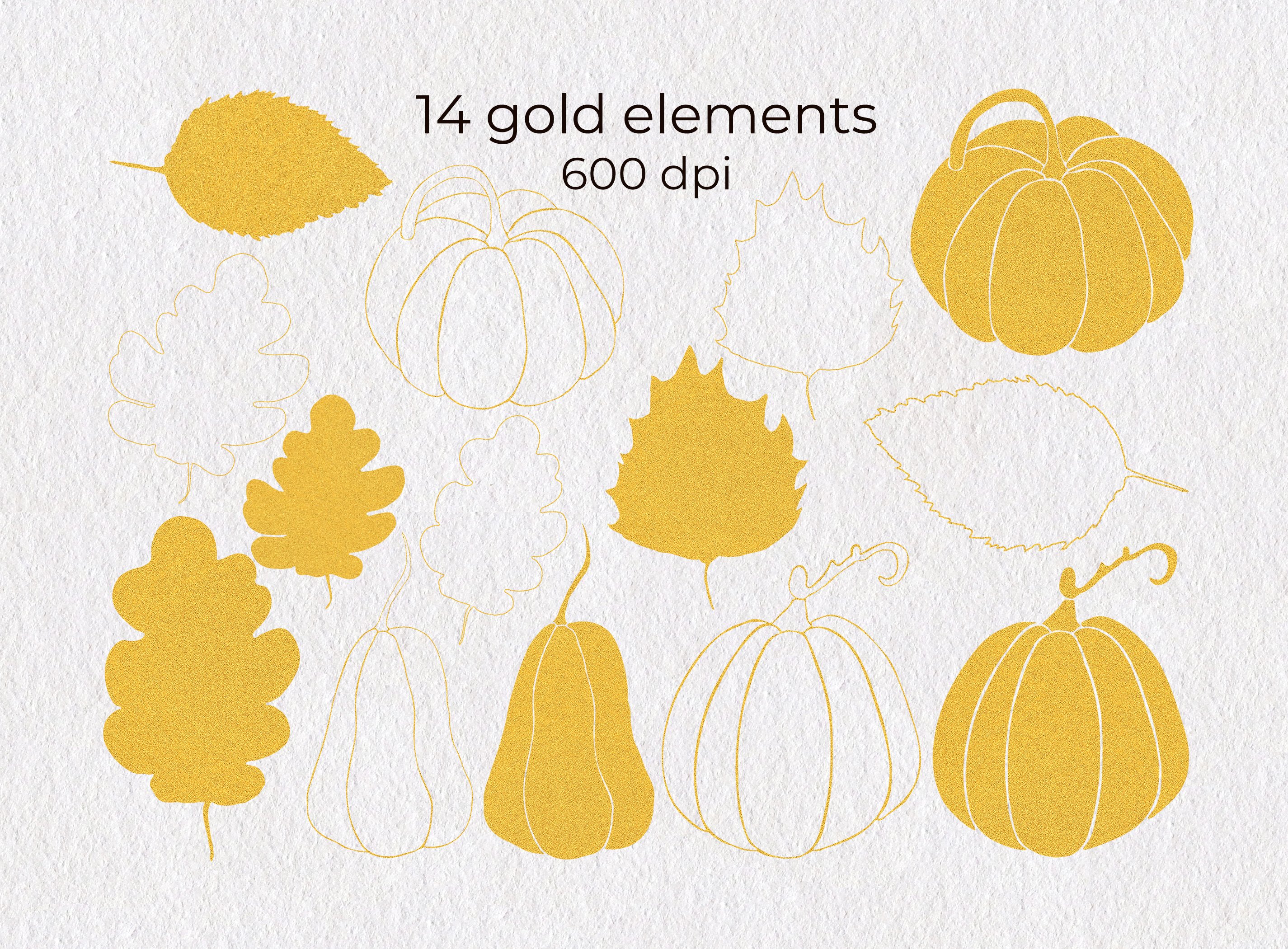 White background with gold and outline pumpkins and leaves.