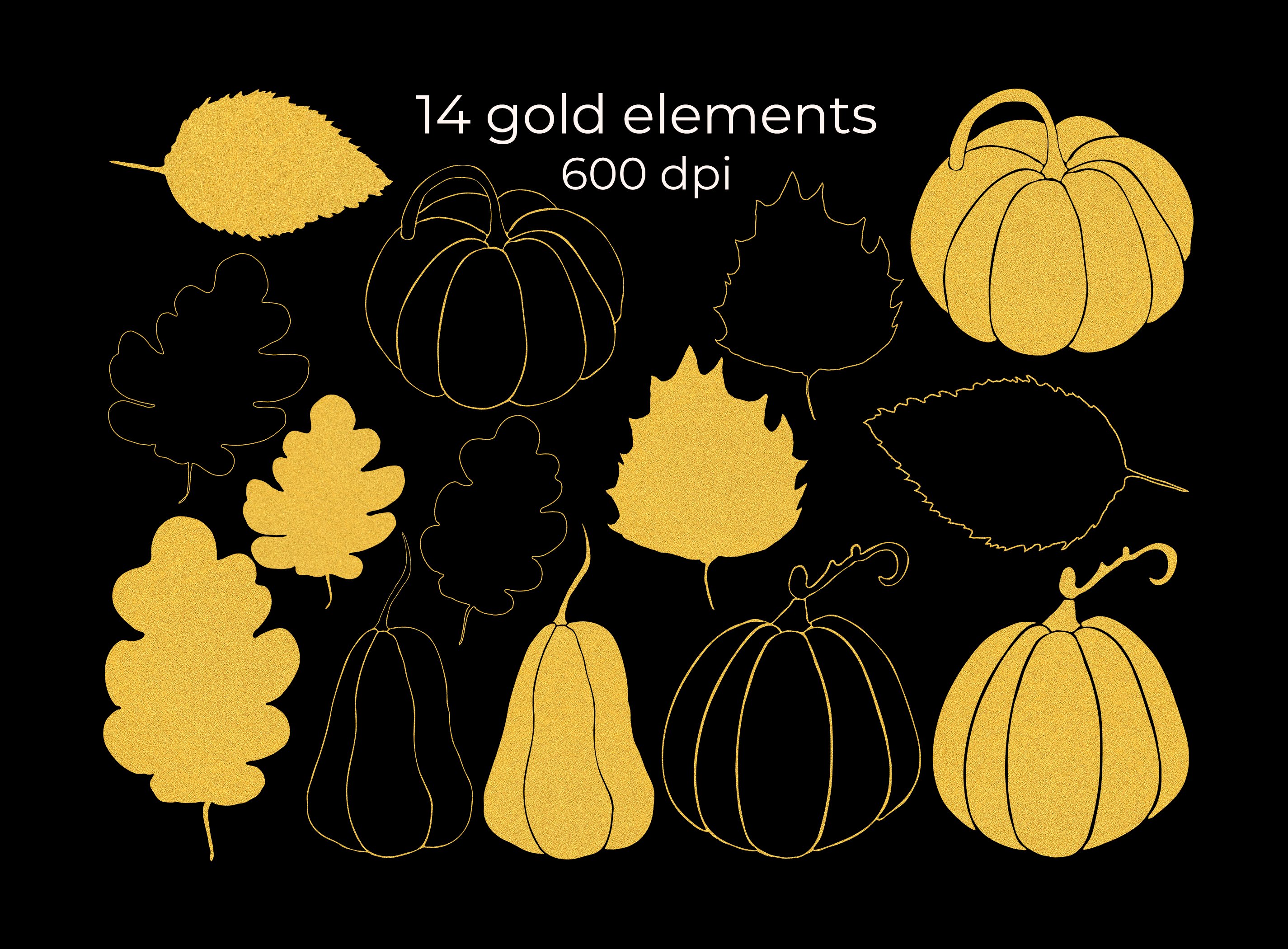 Black background with gold and outline pumpkins and leaves.