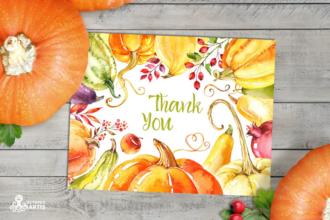 Shining autumn cards with pumpkins.