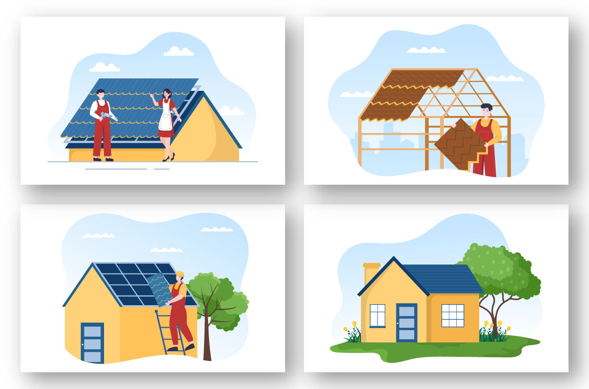 8 Roofing Construction Workers Illustration set.