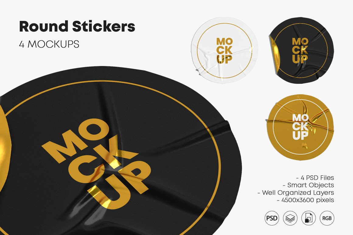 Image of enchanting round crumpled stickers mockup.