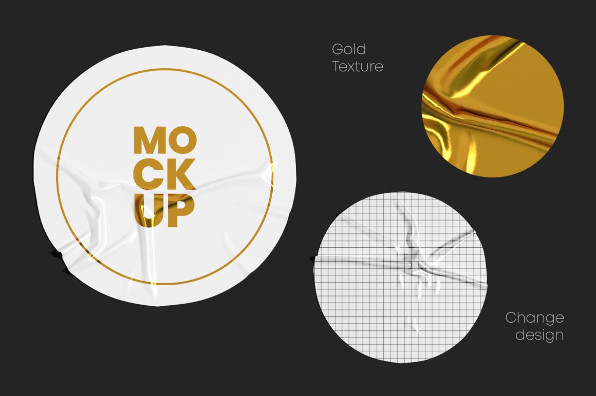 Image of irresistible gold textured round crumpled sticker mockup.