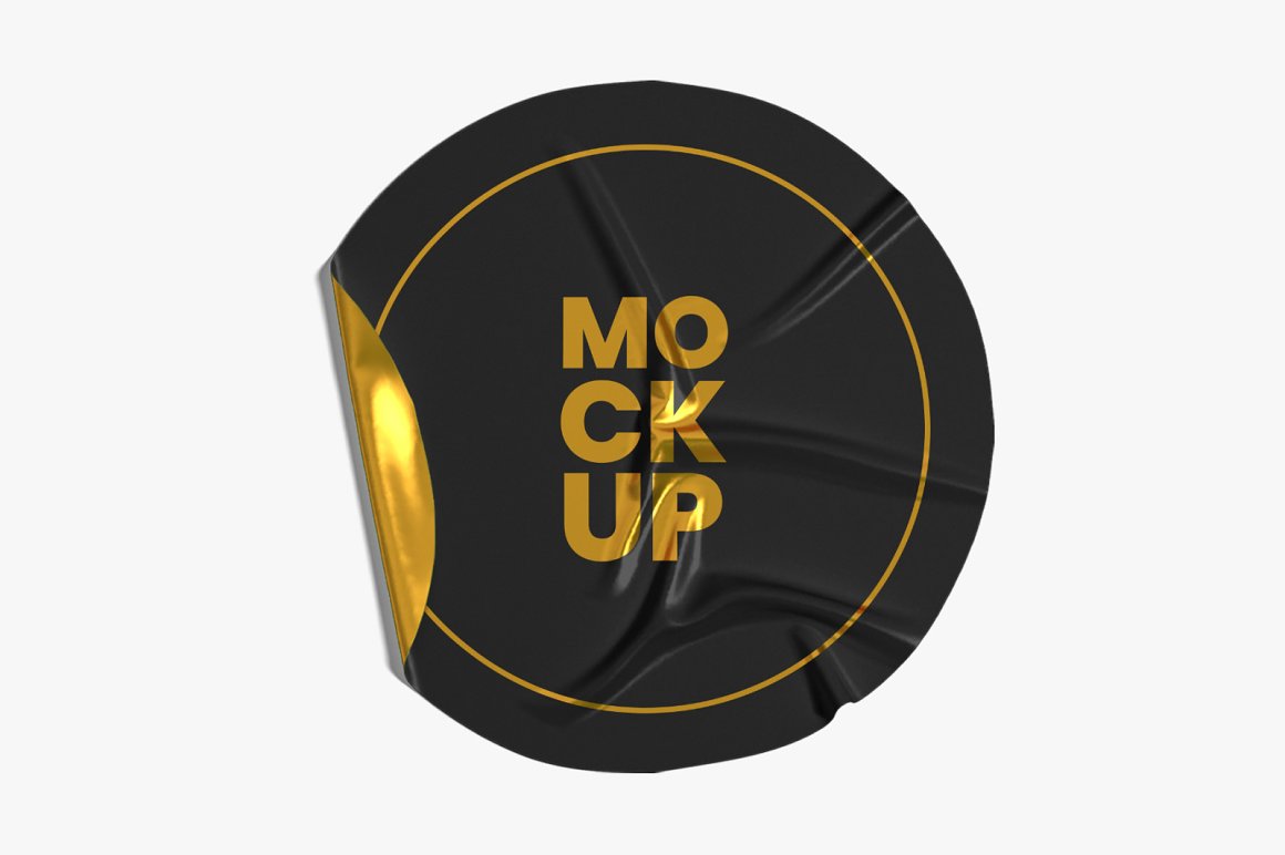 Image of a colorful round crumpled sticker in gold and black.